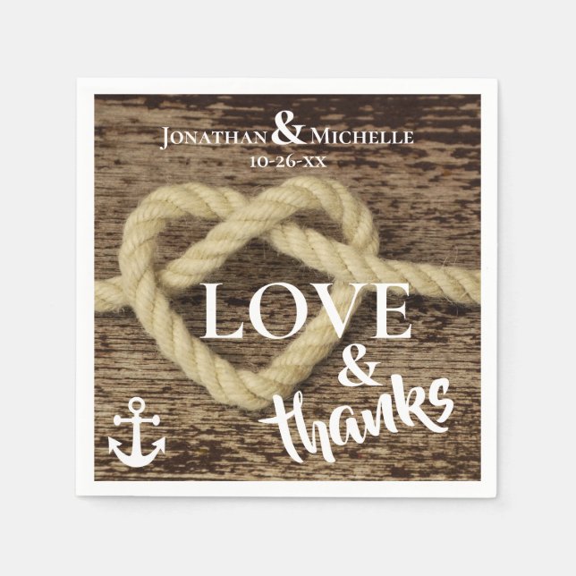 Serviette En Papier Corde nautique et Ancre LOVE et Merci Mariage (Devant)