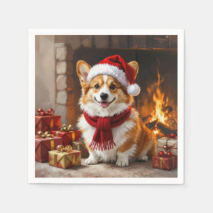 Serviette En Papier Corgi de Noël au coin du feu