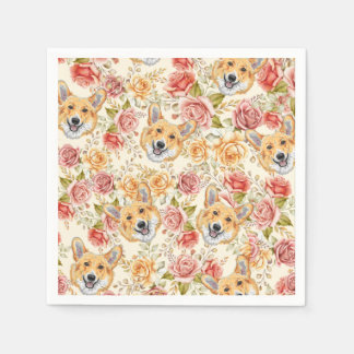 SERVIETTE EN PAPIER CORGI DOG ET ANGLAIS ROSE PAPIER DECOUPAGE