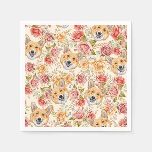 SERVIETTE EN PAPIER CORGI DOG ET ANGLAIS ROSE PAPIER DECOUPAGE (Devant)
