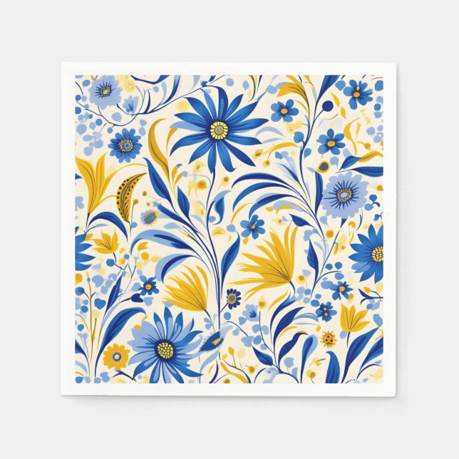 Serviette En Papier Cornflower Blue et Jaune Feuille Motif (Devant)