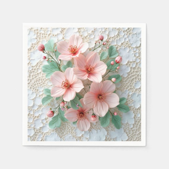 Serviette En Papier Cosmos Rose Fleurs De Mariage Sur Dentelle (Devant)