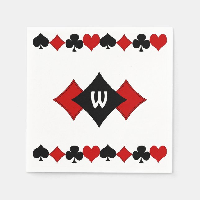 Serviette En Papier Costumes de cartes Art Déco rouge et noir - Monogr (Devant)