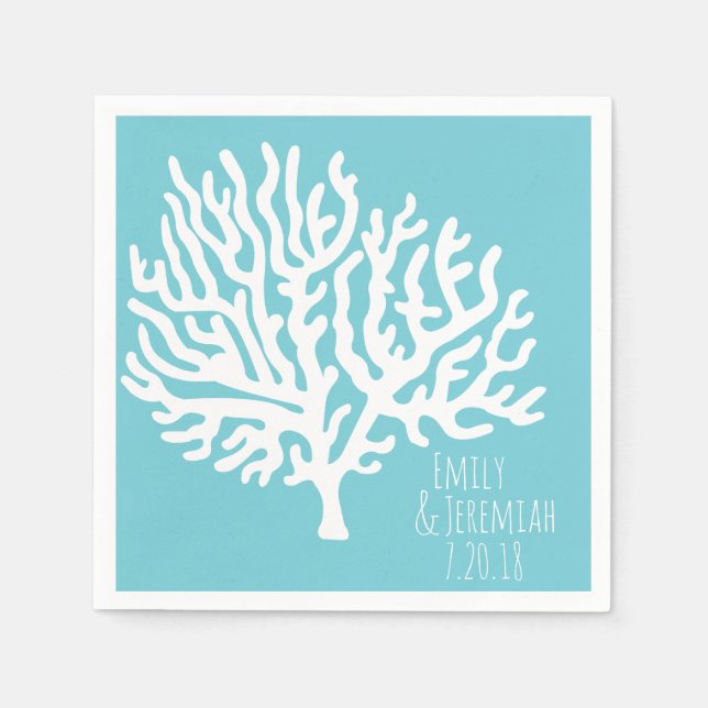 Serviette En Papier Côte Mer Blanche Corail Nom du couple Mariage (Devant)