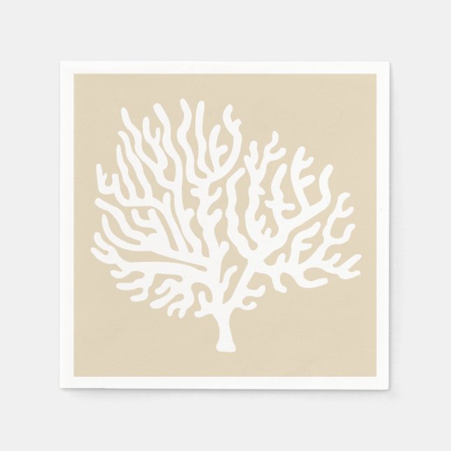 Serviette En Papier Côtière Mer Blanche Corail & Taupe Sable (Devant)