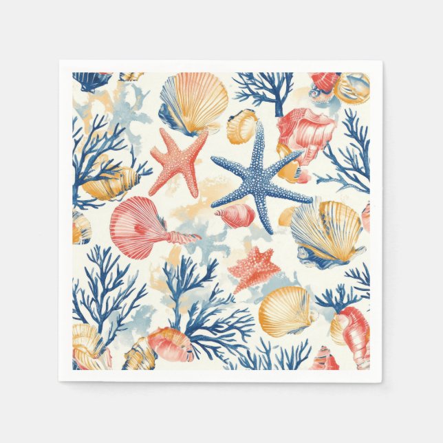 Serviette En Papier Côtière rustique - Coquillages, Starfish, Reef (10 (Devant)