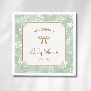 Serviette En Papier Cottagecore Sauge Blanc Floral Ruban Doré Baby Sho