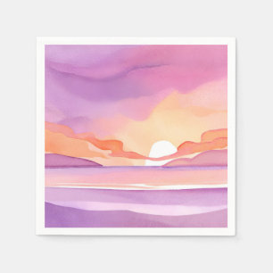 Serviette En Papier Coucher de soleil aquarelle rose Beau ciel océan
