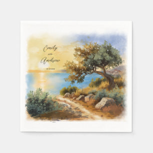 Serviette En Papier Coucher de soleil aquarelle sur la côte méditerran