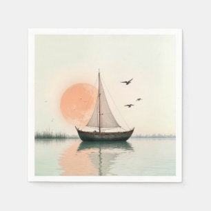 Serviette En Papier Coucher De Soleil De Bateau Avec Mouettes