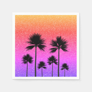Serviette En Papier Coucher de soleil dégradé aux palmiers scintillant