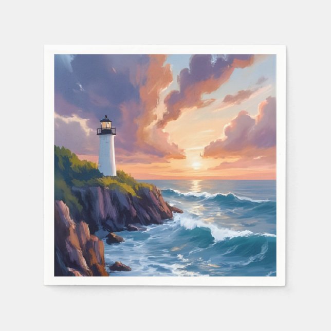 Serviette En Papier Coucher de soleil du phare côtier | Peinture de l' (Devant)
