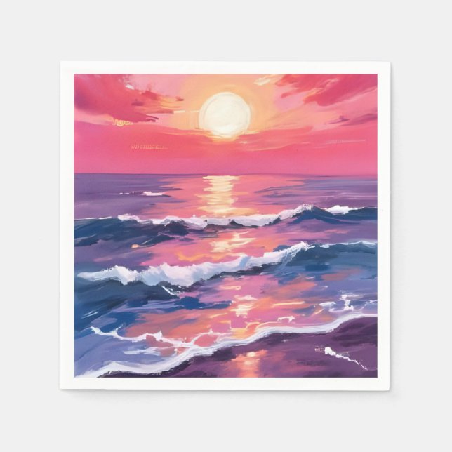 Serviette En Papier Coucher de soleil rose vagues d'océan violet aquar (Devant)