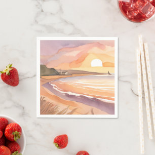 Serviette En Papier Coucher de soleil sur la plage aquarelle   Belle p