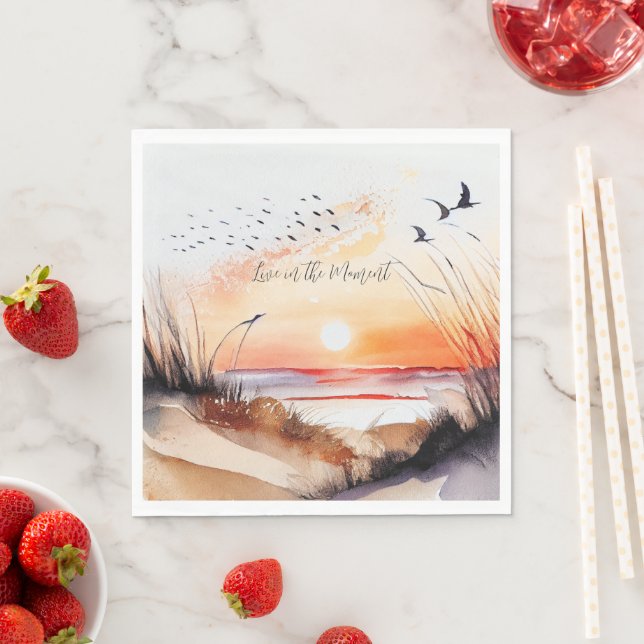 Serviette En Papier Coucher de soleil sur la plage avec des oiseaux (En situation)