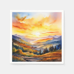Serviette En Papier Couleur d'eau Soleil sur la chaîne de montagnes