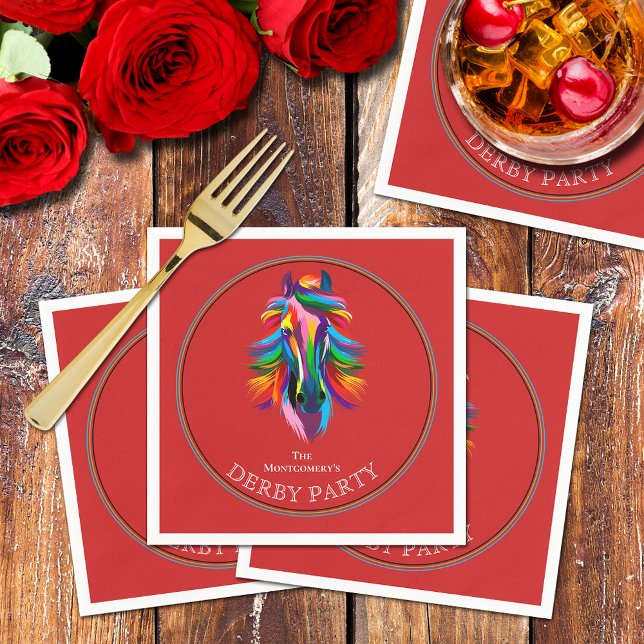 Serviette En Papier Couleur Racehorse Derby Party Rouge (Colorful racehorse on red Derby party cocktail napkins)