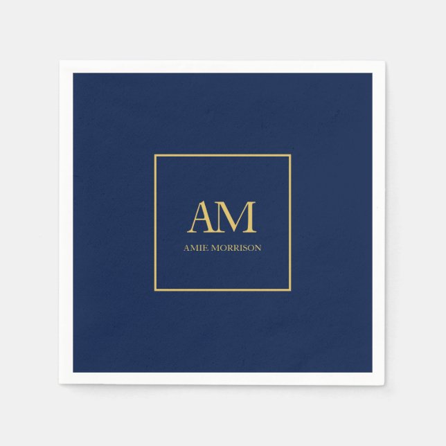 Serviette En Papier Couleurs d'or bleu Monogramme Lettres initiales No (Devant)