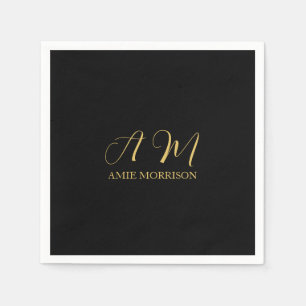 Serviette En Papier Couleurs d'or noir Monogramme Lettre initiale Nom