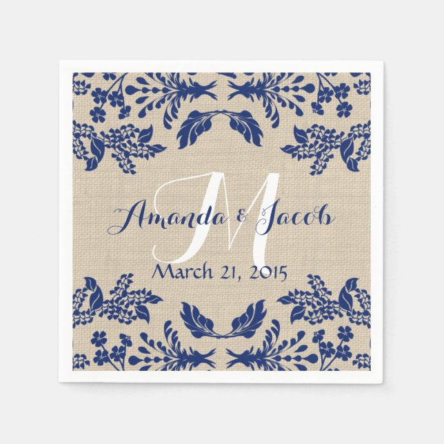 Serviette En Papier Country Garden Damask Blue et Burlap (Devant)