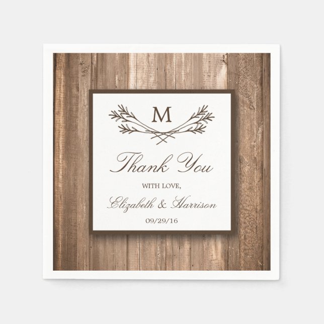 Serviette En Papier Country Rustic Monogram Branche & Mariage bois (Devant)