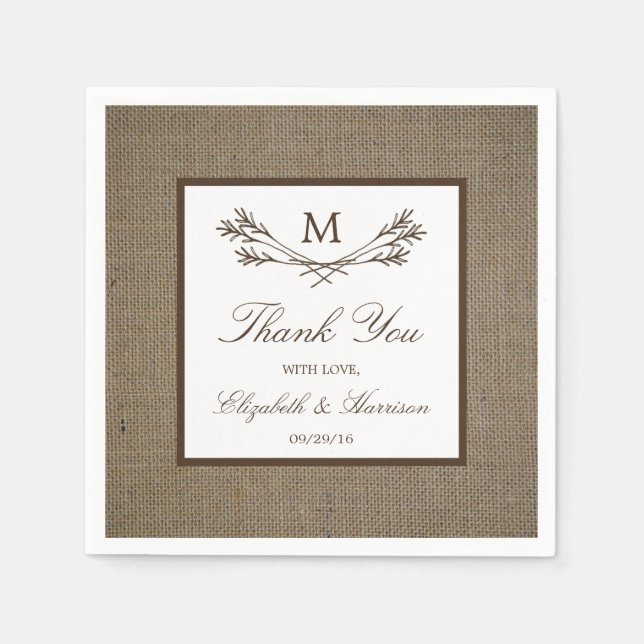 Serviette En Papier Country Rustic Monogramme Branche & Mariage Burlap (Devant)