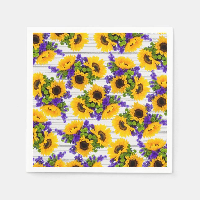 Serviette En Papier Country Rustic White Wood Purple Yellow Sunflower (Devant)