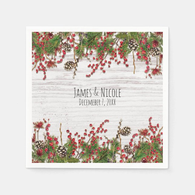 Serviette En Papier Country Winter Holiday Berries & Pine Cone Mariage (Devant)
