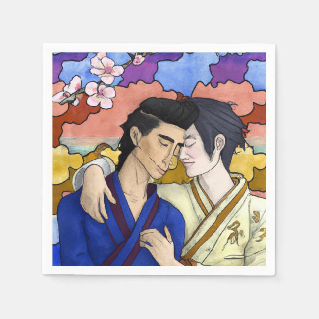 Serviette En Papier Couple Gay Dans Le Style De L'Art Japonais Ukiyo-e (Devant)