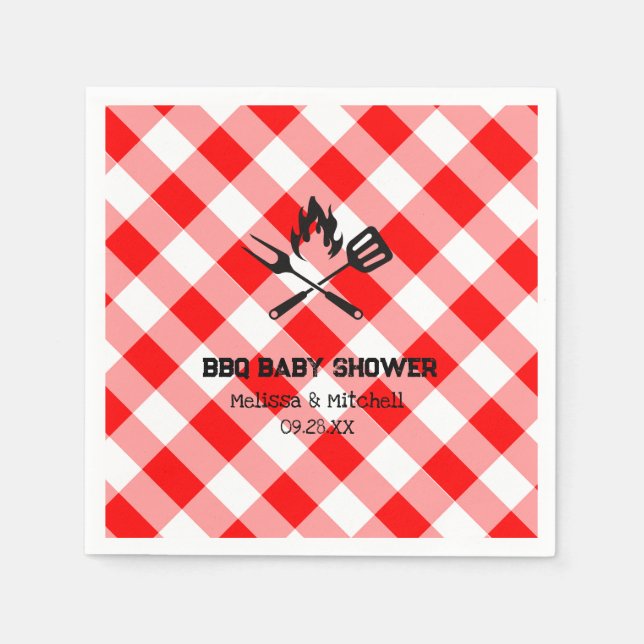 Serviette En Papier Couples BBQ baby shower rouge plaid en vichy (Devant)