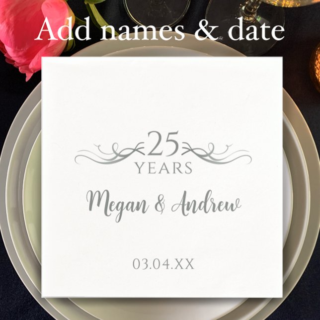 Serviette En Papier Couple's Names Modern 25th Wedding Anniversary (Add couple’s names and wedding anniversary date for elegant 25th wedding anniversary party napkins)