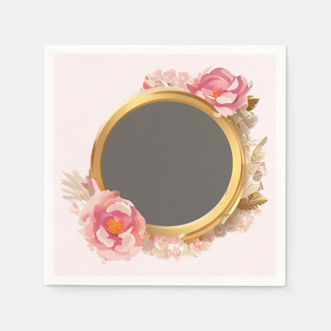 Serviette En Papier Courbe dorée rose fleurie (Devant)