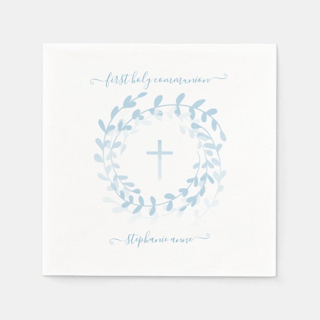 Serviette En Papier Courbe et croix bleu communion (Devant)