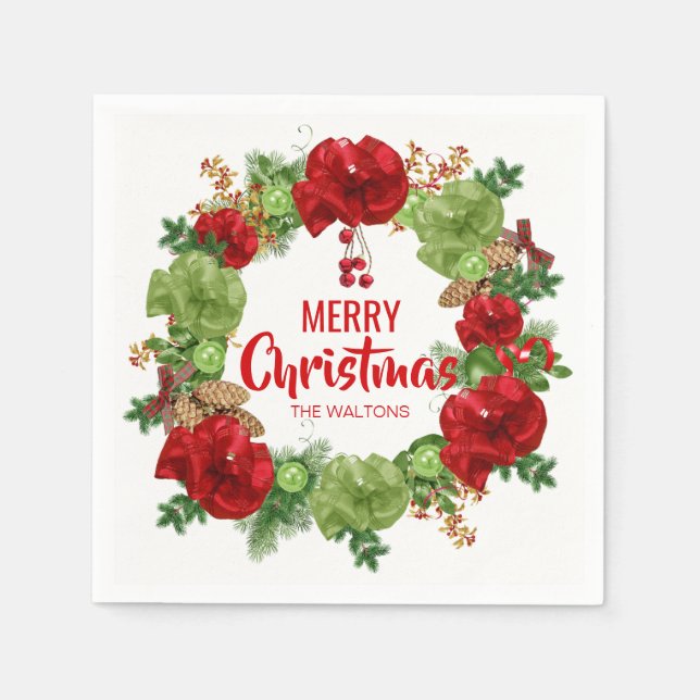 Serviette En Papier Couronne blanche rouge personnalisée Joyeux Noël (Devant)