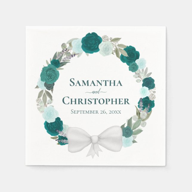 Serviette En Papier Couronne d'Aqua Turquoise et Mariage Rose Turquois (Devant)