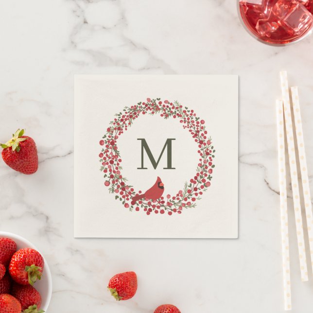 Serviette En Papier Couronne de Baies Rouges et Monogramme de Cardinal (En situation)