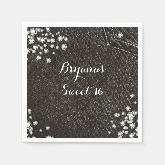 Serviette En Papier Couronne de fête glamour en denim noir et diamants (Devant)