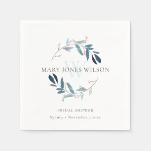 SERVIETTE EN PAPIER COURONNE DE FEUILLAGE BLEU ÉLÉGANT ROSE MARIAGE