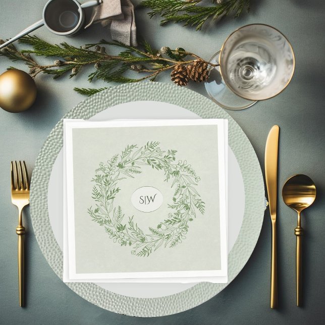 Serviette En Papier Couronne de feuilles vert clair avec monogramme (Créateur téléchargé)