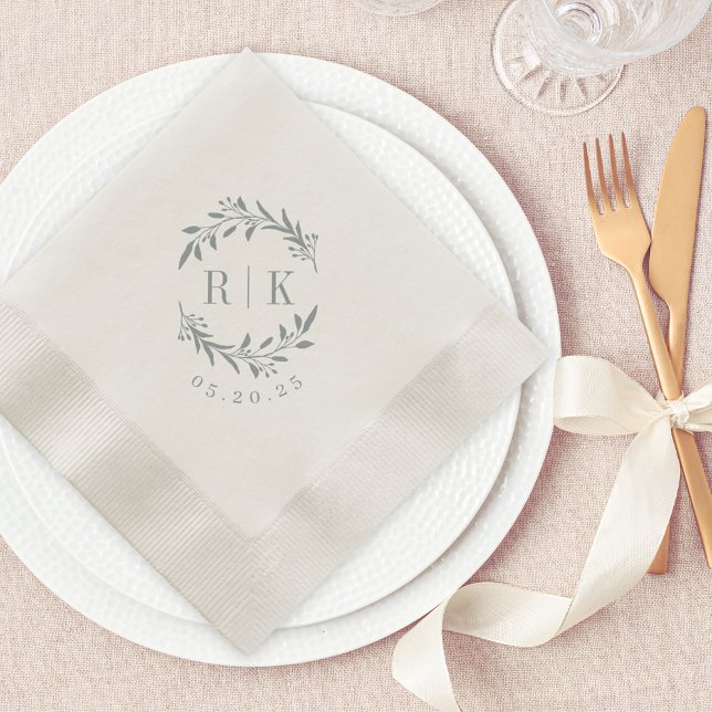 Serviette En Papier Couronne de fleurs bleue rustique avec monogramme  (Créateur téléchargé)