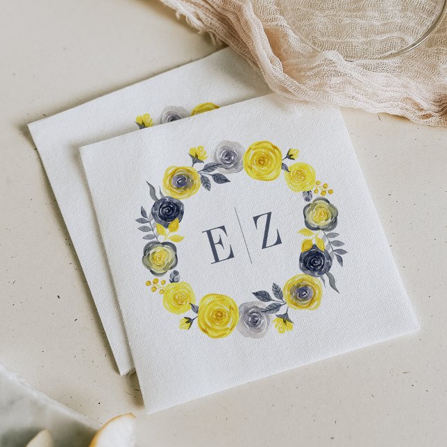 Serviette En Papier Couronne de fleurs bohème jaune gris Monogramme Ma (Créateur téléchargé)
