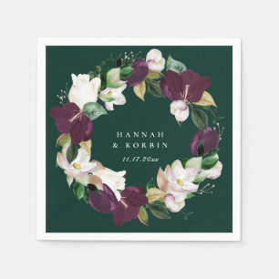 Serviette En Papier Couronne de Fleurs Émeraude Blanche Ivoire Pourpre