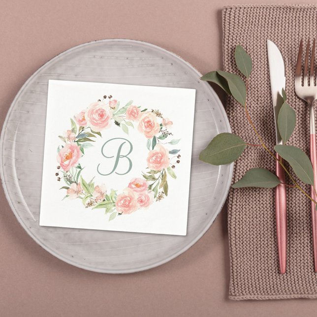 Serviette En Papier Couronne de fleurs rose pastel monogrammée (In situ Wedding reception)