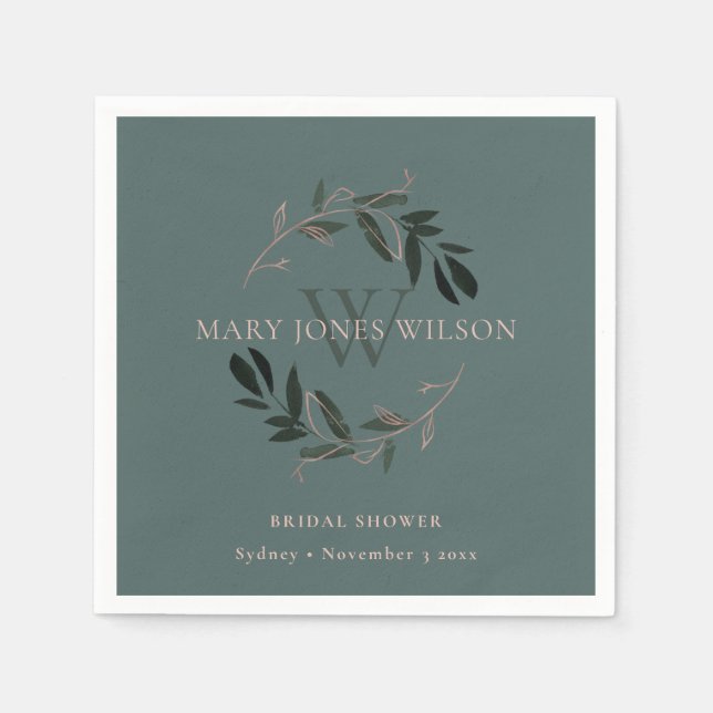 Serviette En Papier COURONNE DE FOLiAGE VERT BLUSH ROSE MARIAGE (Devant)
