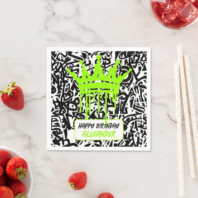 Serviette En Papier Couronne de graffiti noir vert Joyeux Anniversaire (En situation)