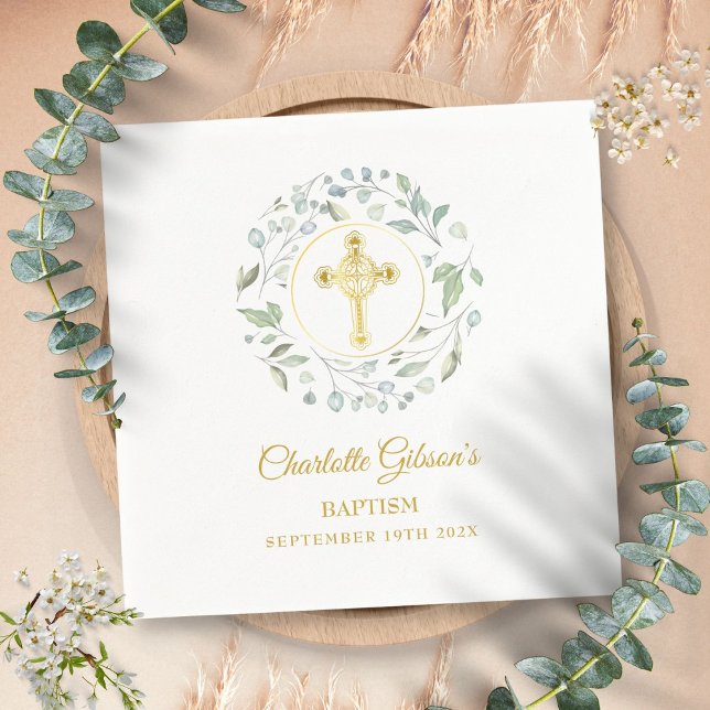 Serviette En Papier Couronne de laurier Croix d'or Baptême (Laurel Garland Gold Cross Baptism Christening Napkins)