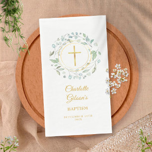 Serviette En Papier Couronne de laurier de verdure dorée baptême baptê