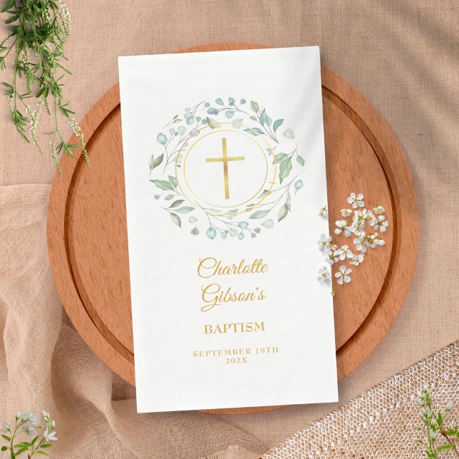 Serviette En Papier Couronne de laurier de verdure dorée baptême baptê (Créateur téléchargé)