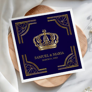 Serviette En Papier Couronne de mariage élégante bleue et or ornée