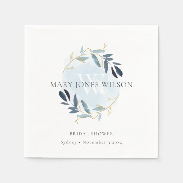 SERVIETTE EN PAPIER COURONNE DE MARIAGE FEUILLES D'OR BLEU ÉLÉGANT (Devant)